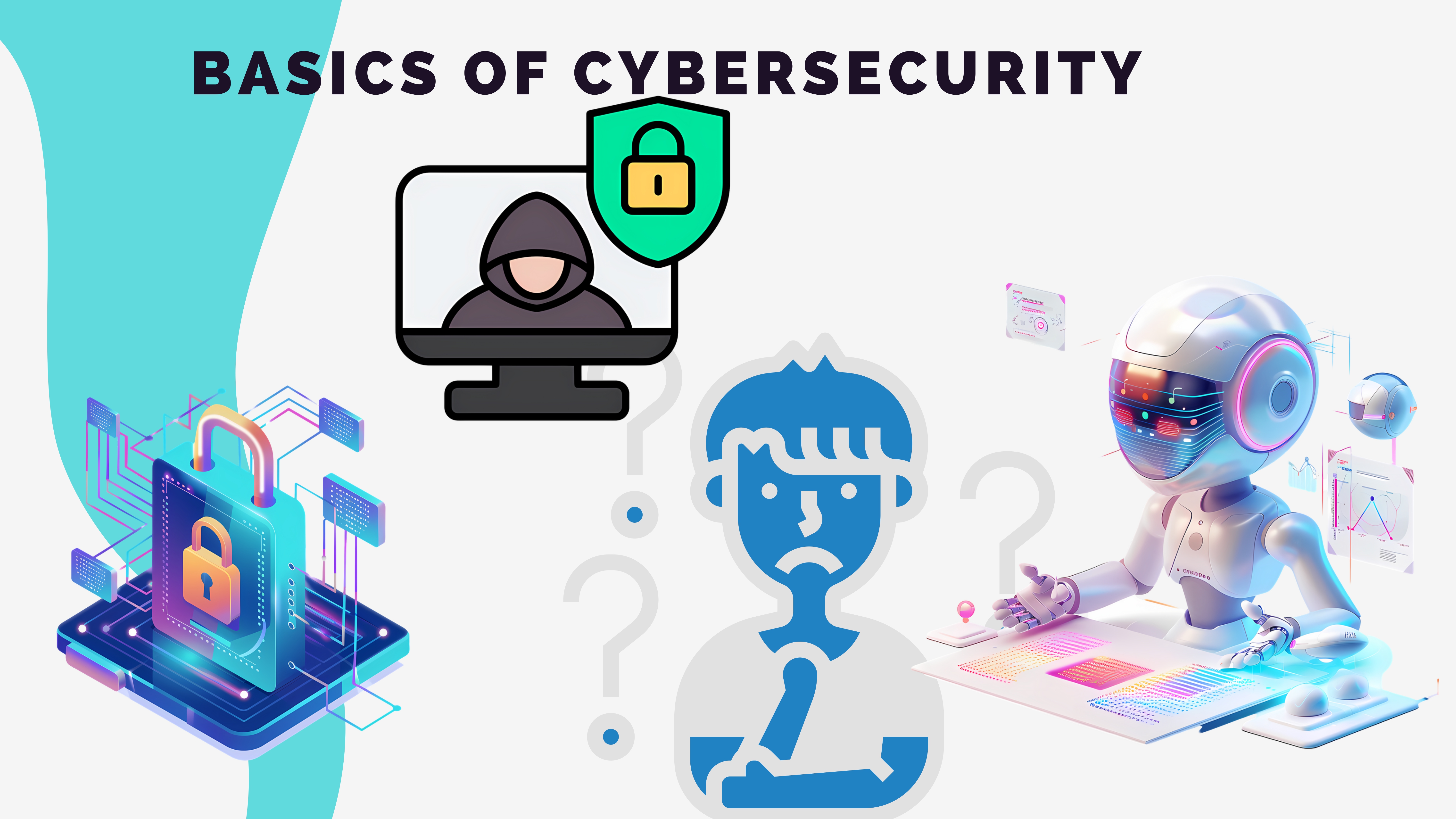 Infographic showing a padlock, hacker silhouette, social media icons (like Facebook, Instagram), and warning alerts with bright red and blue neon on a dark background